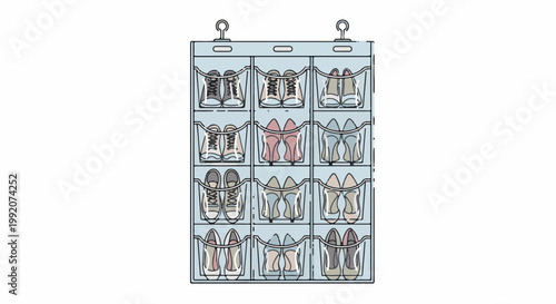 A hanging shoe organizer displays 12 pairs of footwear in clear pockets
