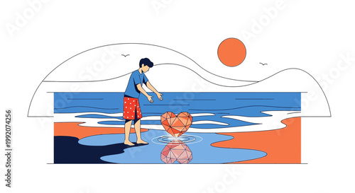 Man on Beach Reaching for Broken Geometric Heart in Water, Symbolizing Lost Love or Grief