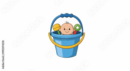 A happy baby sits in a blue bucket filled with toys, smiling