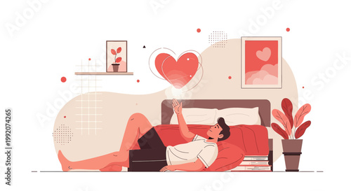 Man on Bed with Smartphone, Abstract Heart Shapes Floating Above, Love Concept
