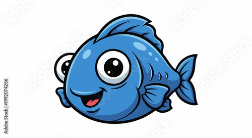 A happy blue cartoon fish with big eyes and an open mouth on a white background