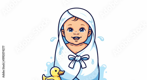 A happy baby wrapped in a towel, with a rubber duck and water splashes