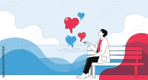Man on Bench Gazing at Floating Hearts, Symbolizing Love, Dreams, and Hope