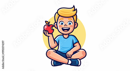 A happy boy sits cross-legged holding a bitten red apple
