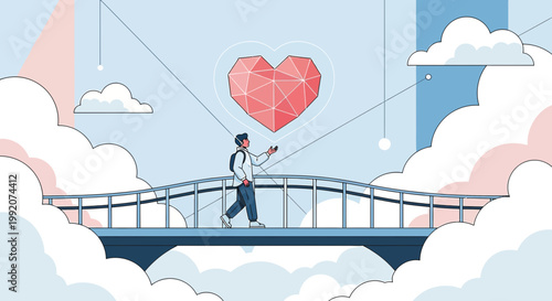 Man on Bridge in VR headset connecting to a geometric heart in the sky, virtual reality love concept