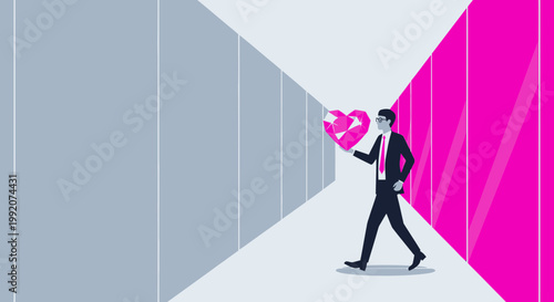 Businessman walking with abstract geometric heart in modern corridor, love concept