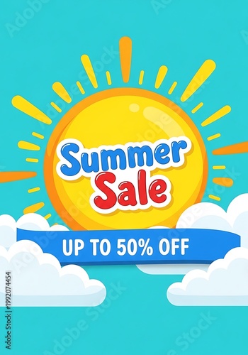 Summer sale advertisement with a sun and clouds