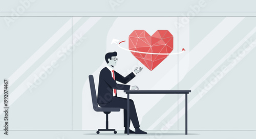 Businessman working on digital heart projection, modern office, technology, love concept