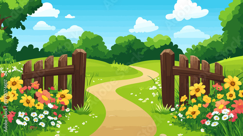 A picturesque cartoon view of a sunny green path leading to distant trees through a welcoming wooden fence