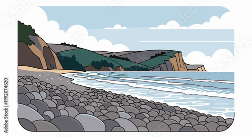 A pebble beach meets rolling hills and the ocean under a cloudy sky