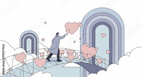 Man on Bridge Releasing Hearts Towards Rainbow Arches, Symbolizing Love and Hope