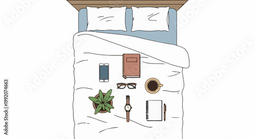 A flat lay of a bed with a smartphone, book, coffee, plant, glasses, watch, notebook, and pen