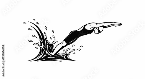 A dynamic illustration captures a swimmer mid-dive, breaking the water's surface with a powerful splash