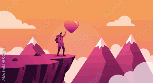 Man on cliff holding heart, symbolizing love, achievement, and aspiration
