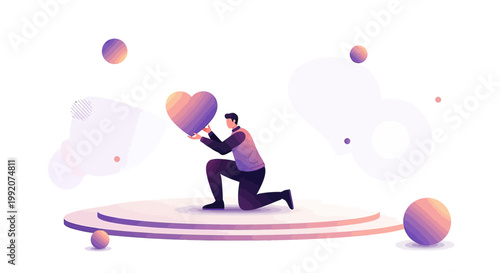 Man Kneeling Offers Heart, Love Proposal, Romantic Gesture, Valentine's Day Concept