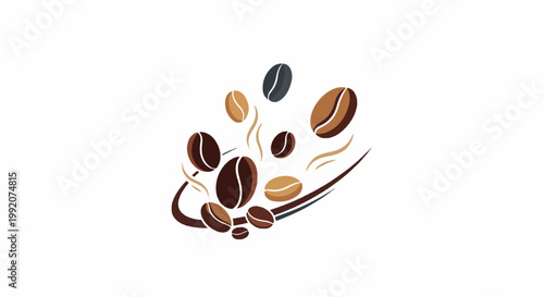 A dynamic illustration of various sized coffee beans with swirling lines and steam