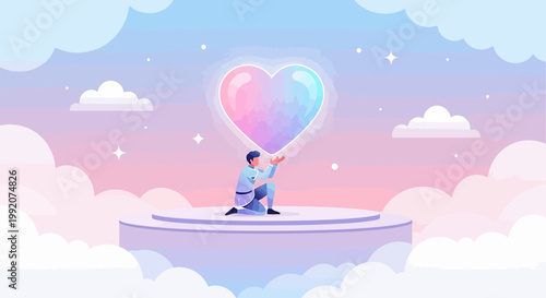 Man Kneeling Under Giant Geometric Heart in Dreamy Cloudscape