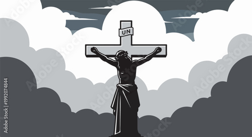 A dramatic, stylized depiction of a crucifixion scene against a cloudy sky