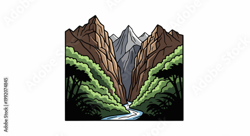 A dramatic mountain gorge with a river winding through lush green vegetation