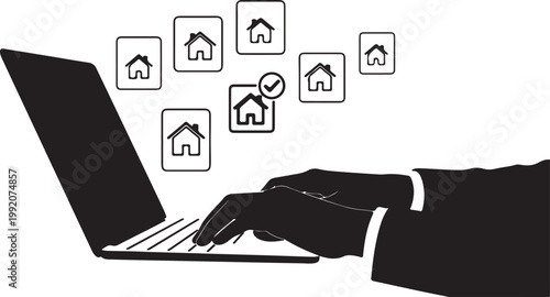 Digital Real Estate Search A person's hands operate a laptop, meticulously browsing and selecting an ideal property from numerous online listings, symbolizing modern home acquisition efficiency