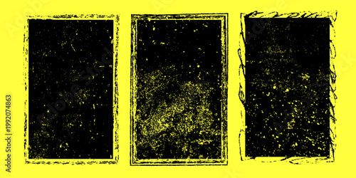 Linocut, relief printing, letterpress rectangle A4 shapes rough textures set, collection. Black linocutting textured backgrounds, text frames. Paint roller geometric stains, lino ink grungy remains