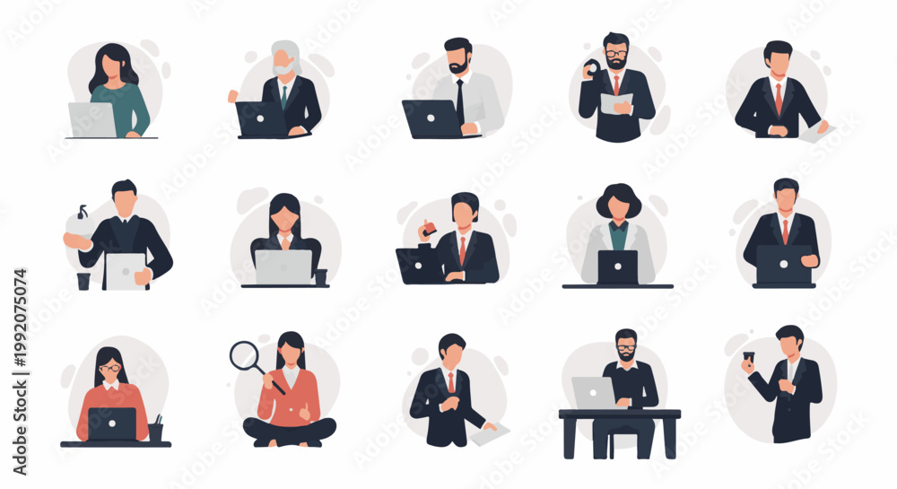 Fototapeta premium A diverse group of professionals working on laptops and engaging in various office activities