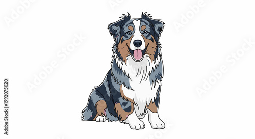 A fluffy, multicolored dog sits with its tongue out and tail tucked