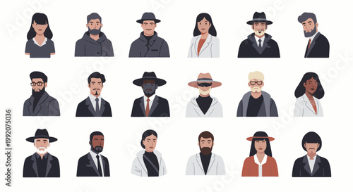 A diverse pixel art collection of 15 distinct human avatars in various styles and attire
