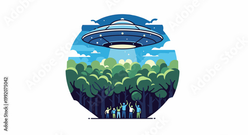 A flying saucer hovers over a forest, beaming light onto a group of people