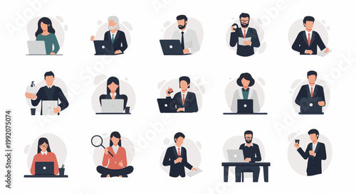 A diverse group of professionals working on laptops and engaging in various office activities