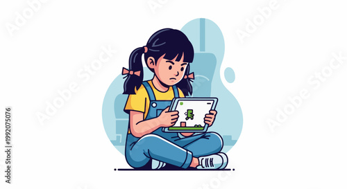 A focused young girl with pigtails plays a video game on a tablet device