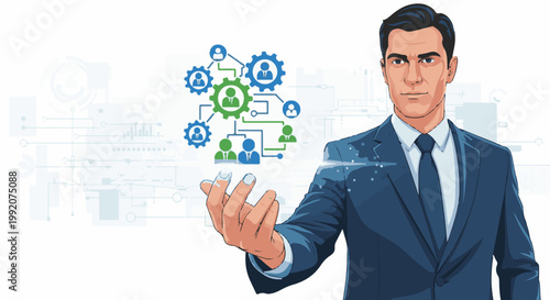 A focused businessman in a suit presents a network of people and gears