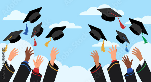 Class of 2026 with hands tossing their graduates hats. Congratulation Graduation concept with hands graduation students. Vector illustration