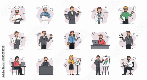 A diverse collection of illustrated professionals in various occupations