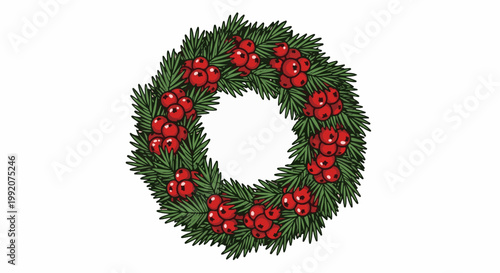 A festive green wreath adorned with bright red berries