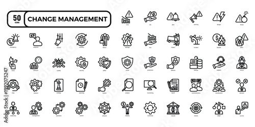 Change Management Line Icons Set – Risk, Crisis, Strategy, Recovery, Business Process Outline Collection