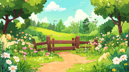 A picturesque cartoon of a flower-filled meadow, a wooden fence, and a path leading to the hills