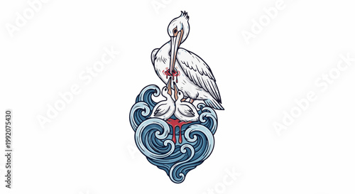 A pelican disgorges two chicks, perched on waves, amid blood and water