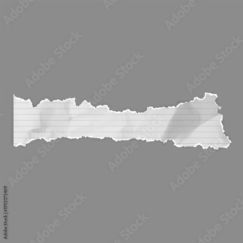 Crumpled torn striped paper strip, white torn sheet of notebook fragment, vector realistic wrinkled school page scrap