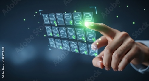 Hand touching digital document icons on screen, data management concept