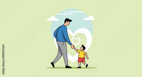 A father and son holding hands and walking together, symbolizing family love and unity in a heartwarming illustration.
