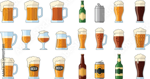 Beer Glass Icon Set with Mug, Pint, Bottle, Can, and Draft Styles in Various Foam Designs for Brewery, Bar, and Beverage Vector Collection