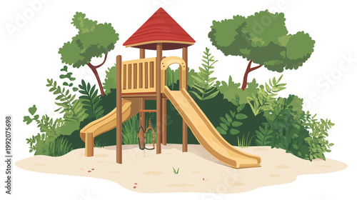 A cartoon illustration of a playground with a slide, swing and trees, for children's outdoor fun