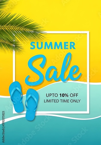 Summer sale advertisement with palm tree and flip flops on beach background