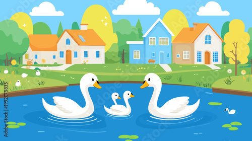 Illustration of idyllic landscape with houses, swans on a pond, and lush greenery