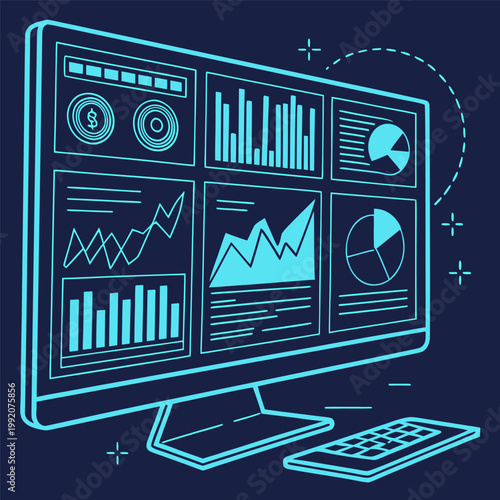 Futuristic Data Analytics Dashboard with Financial Charts and Business Intelligence Visualization