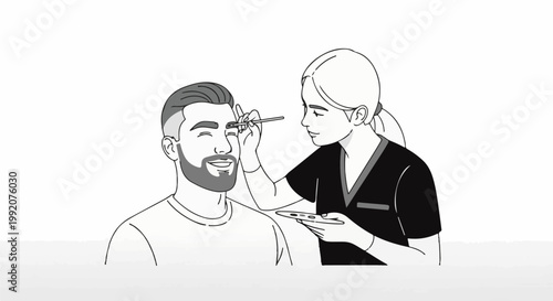A person applies cosmetic to another's eyebrow with a brush