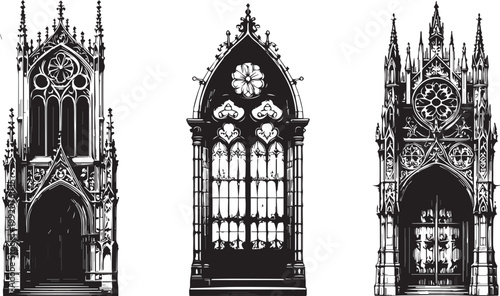Gothic window frame set, hand drawn medieval arch border collection, cathedral portal silhouette. Fantasy vintage castle doorway, ancient palace ornamental doodle illustration. Gothic window design