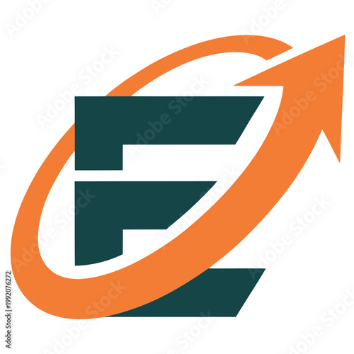 A stylized logo featuring a dark green letter with an orange arrow