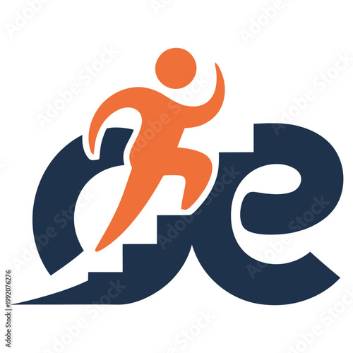 A stylized logo featuring an orange running figure and dark blue letters